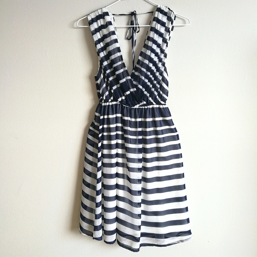 WINDSOR Navy & White Striped Plunge Neck Dress - Picture 4 of 10